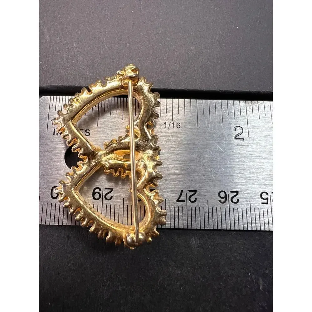 Vintage Gold Tone Double Heart Green Clear Rhinestone Brooch